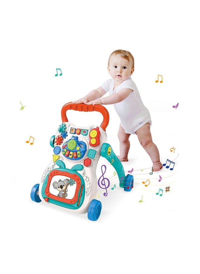 Trolley Walker With 4-in-1 Baby Walker with Educational Learning Machine, Music, Drawing Board & Shape Sorter – Sit-to-Stand Toddler Activity Center with Adjustable Speed & Weight Tank for Boys & GirlsMusic