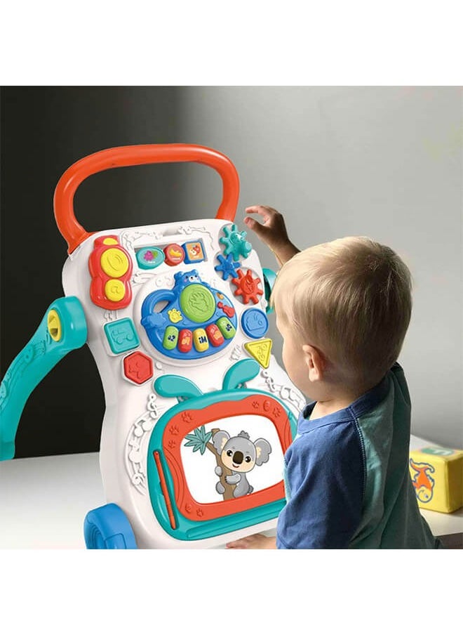 Trolley Walker With 4-in-1 Baby Walker with Educational Learning Machine, Music, Drawing Board & Shape Sorter – Sit-to-Stand Toddler Activity Center with Adjustable Speed & Weight Tank for Boys & GirlsMusic