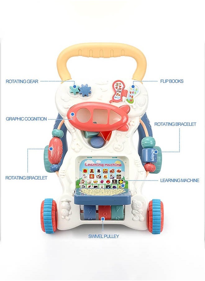 Trolley Walker With 4-in-1 Baby Walker with Educational Learning Machine, Music, Drawing Board & Shape Sorter – Sit-to-Stand Toddler Activity Center with Adjustable Speed & Weight Tank for Boys & GirlsMusic