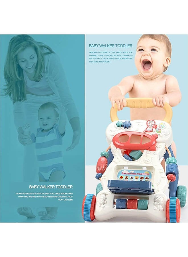 Trolley Walker With 4-in-1 Baby Walker with Educational Learning Machine, Music, Drawing Board & Shape Sorter – Sit-to-Stand Toddler Activity Center with Adjustable Speed & Weight Tank for Boys & GirlsMusic