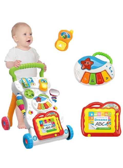 Trolley Walker With 4-in-1 Baby Walker with Educational Learning Machine, Music, Drawing Board & Shape Sorter – Sit-to-Stand Toddler Activity Center with Adjustable Speed & Weight Tank for Boys & GirlsMusic