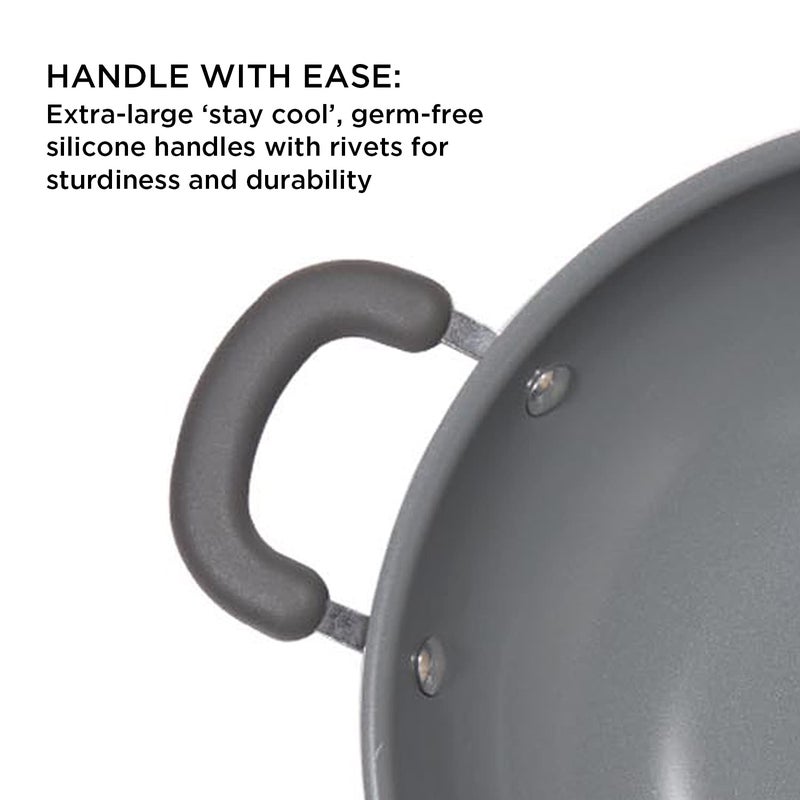 MEYER Meyer Anzen Healthy Ceramic Coated Cookware Open Frypan, 28cm with Kadai with Lid, 30cm, Grey, 3-Piece Set  - Image 5