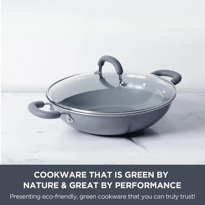 MEYER Meyer Anzen Healthy Ceramic Coated Cookware Open Frypan, 28cm with Kadai with Lid, 30cm, Grey, 3-Piece Set  - Image 3