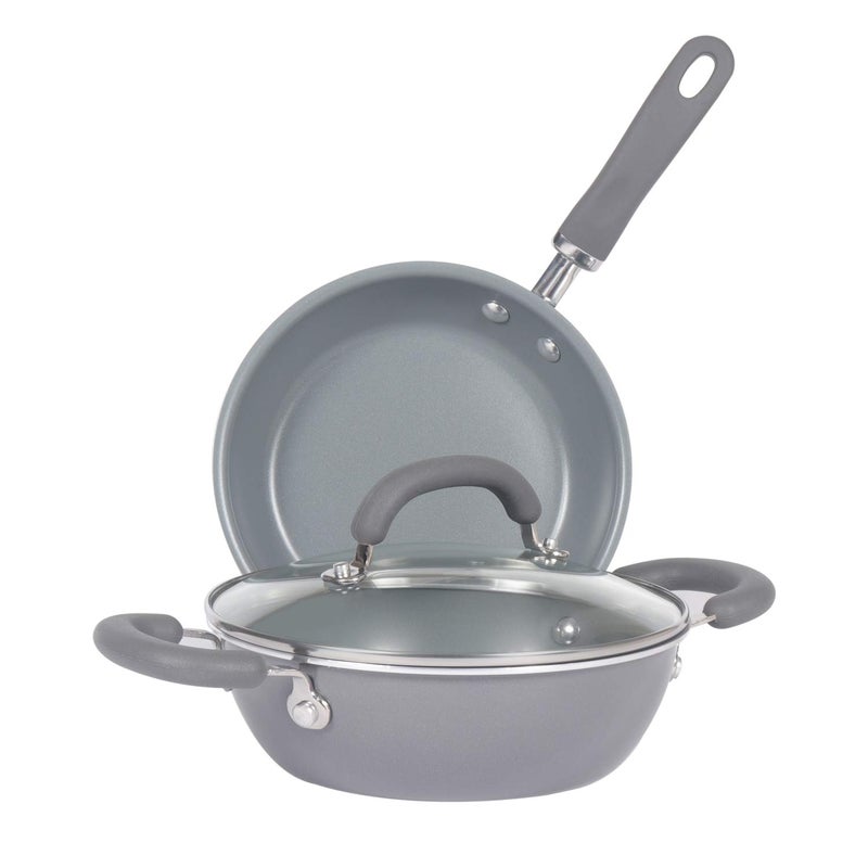 MEYER Meyer Anzen Healthy Ceramic Coated Cookware Open Frypan, 28cm with Kadai with Lid, 30cm, Grey, 3-Piece Set  - Image 1