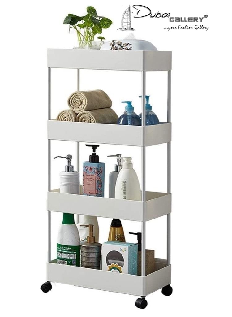 DubaiGallery رف تخزين للمطبخ، رف جانبي للثلاجة، 4 طبقات، قابل للإزالة، مع عجلات، منظم للحمام، حامل فجوة، ملحقات الحمام، أبيض - Image 1
