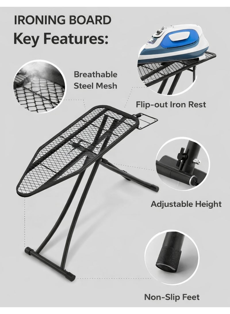 F.A.M.S Heavy-Duty Ironing Board with Iron Rest, Foldable & Adjustable Height, Breathable Mesh Top, Stable Non-Slip Legs for Home Laundry Use - Image 3