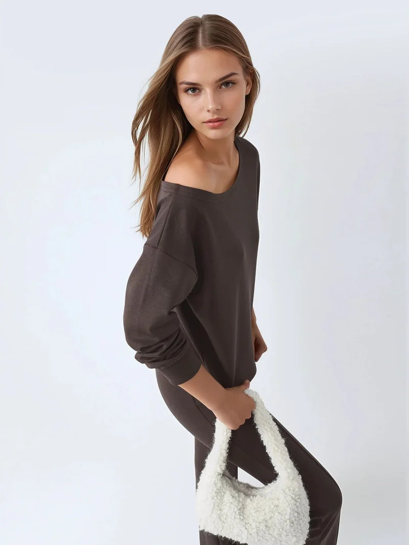 Busem Coffee Brown BUSEM Asymmetrical Collar Relaxed Fit Sweatshirt for Women | Best Price UAE