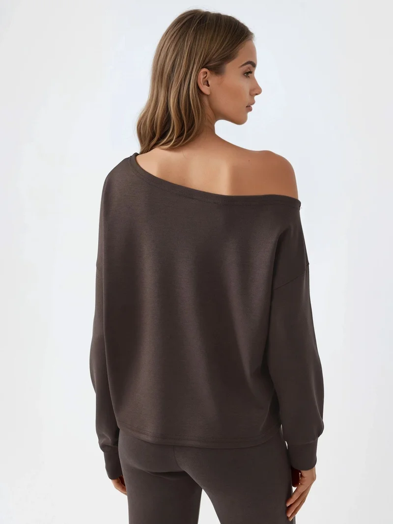 Busem Coffee Brown BUSEM Asymmetrical Collar Relaxed Fit Sweatshirt for Women | Best Price UAE