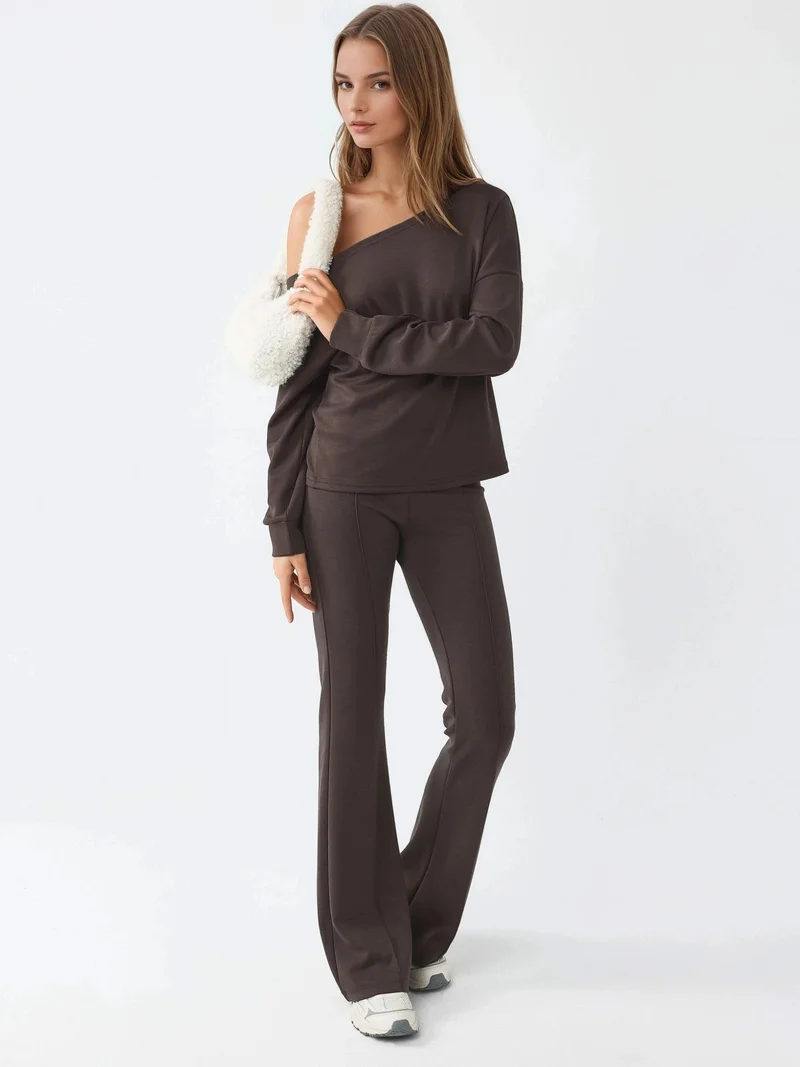 Busem Coffee Brown BUSEM Asymmetrical Collar Relaxed Fit Sweatshirt for Women | Best Price UAE