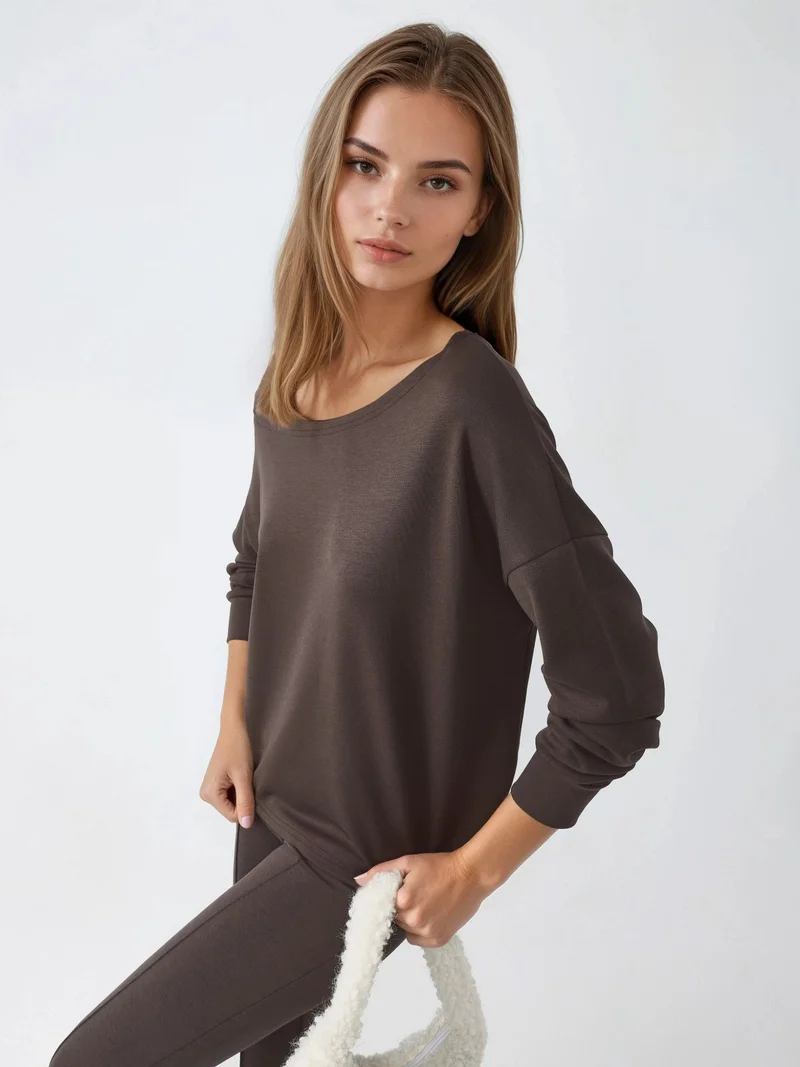Busem Coffee Brown BUSEM Asymmetrical Collar Relaxed Fit Sweatshirt for Women | Best Price UAE