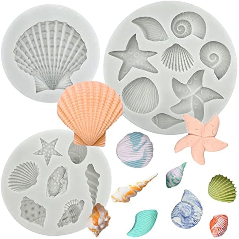 3 PCS Marine Theme Cake Fondant Silicone Mold Seashell Conch Starfish Coral Under the Sea Handmade Pastry Baking Molds for DIY Cake Border Decoration Chocolate Candy Polymer Clay Crafting Projects - Image 1