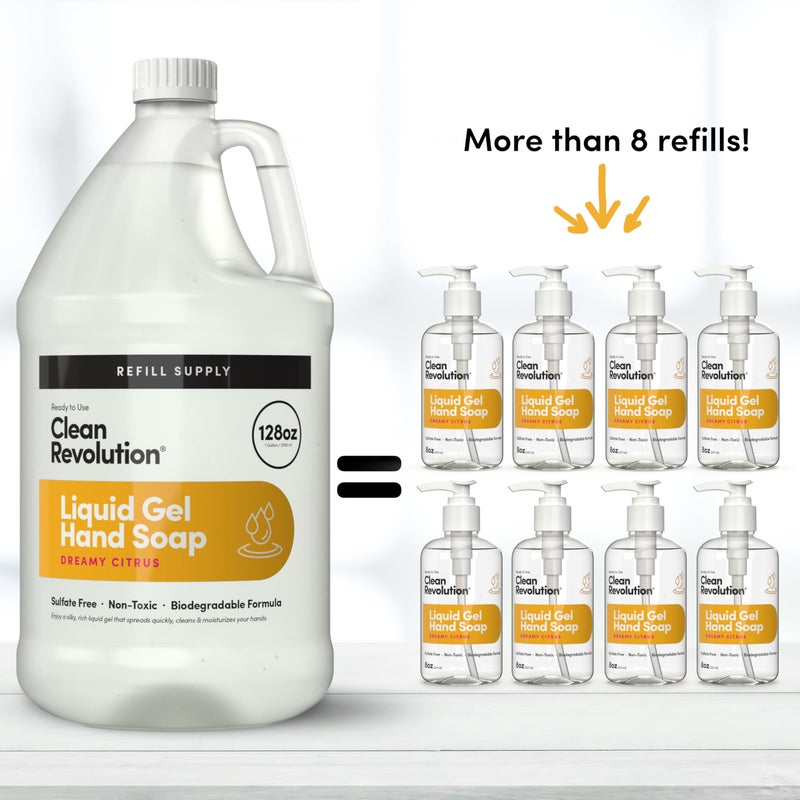 Clean Revolution Liquid Gel Hand Soap, Silky Rich Liquid, Quick Lather, Fast Rinsing, Contains Real Essential Oils (Dreamy Citrus) 128 Fl Oz - Image 2