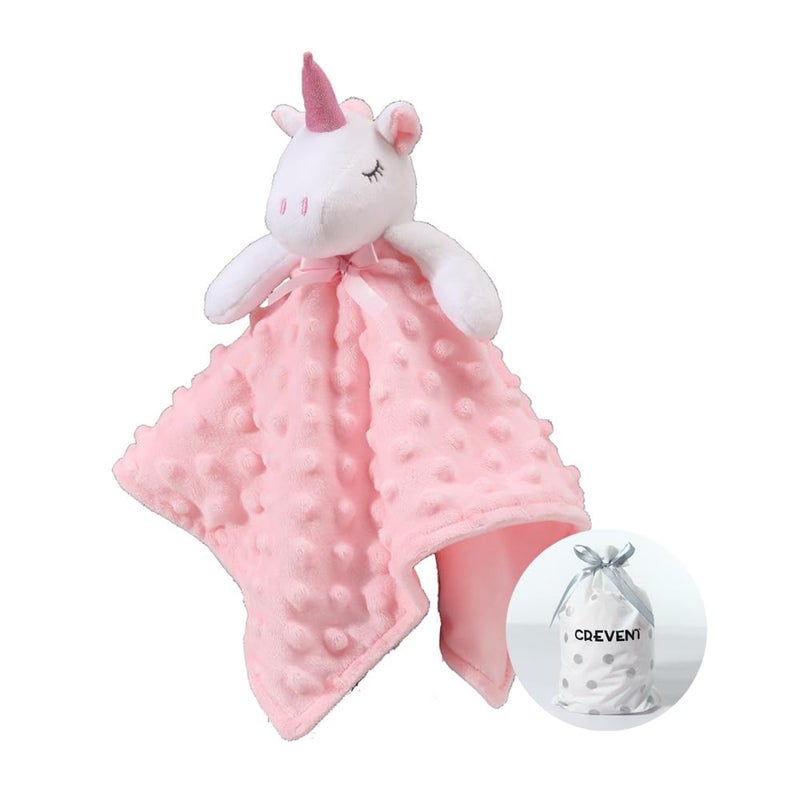 CREVENT Cozy Plush Baby Security Blanket Loveys for Baby Girls, Minky Dot Front + Sherpa Backing with Animal Face (Pink Unicorn) - Image 1
