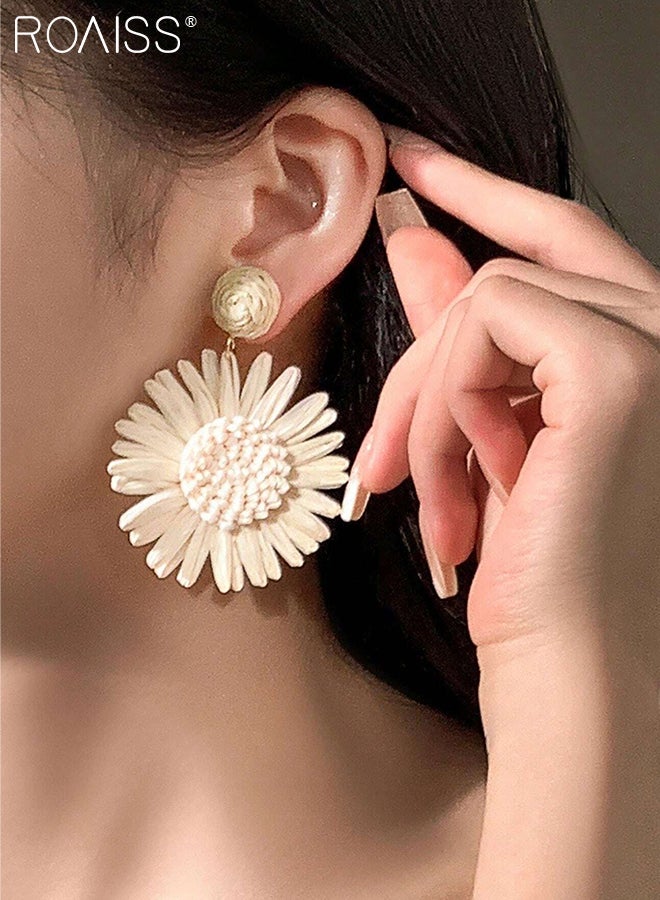 roaiss 2 Pcs Bohemian Style Braided Earrings, Women's Sunflower Raffia Earrings, White Daisy Rattan Drop Earrings, Fashion Beach Vacation Accessories - Image 3