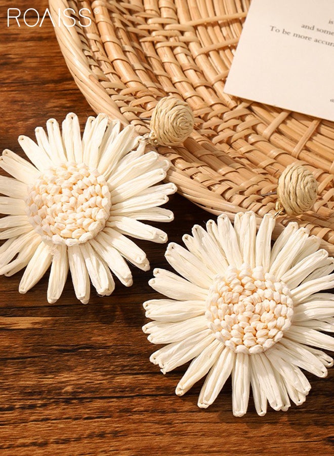 roaiss 2 Pcs Bohemian Style Braided Earrings, Women's Sunflower Raffia Earrings, White Daisy Rattan Drop Earrings, Fashion Beach Vacation Accessories - Image 5