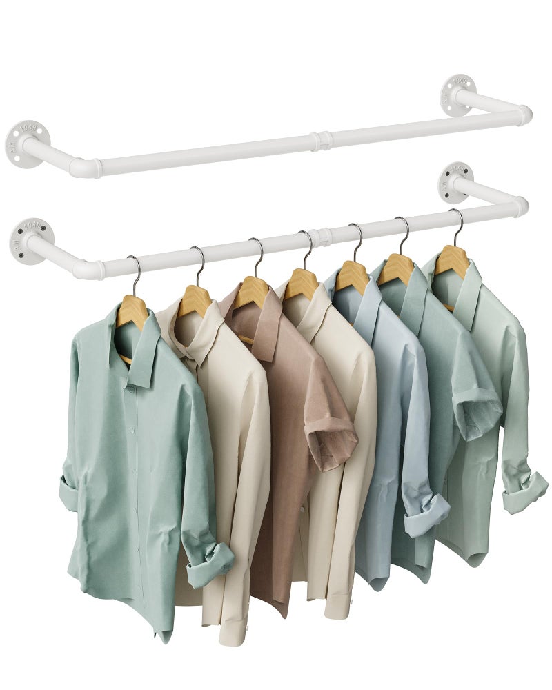 OROPY Industrial Pipe Clothes Rack Wall Mounted Set of 2, 38.4 inches Heavy Duty Iron Pipe Clothing Garment Rail, Multi-Purpose Clothing Hanging Rod for Laundry Room and Closet Storage, White - Image 1