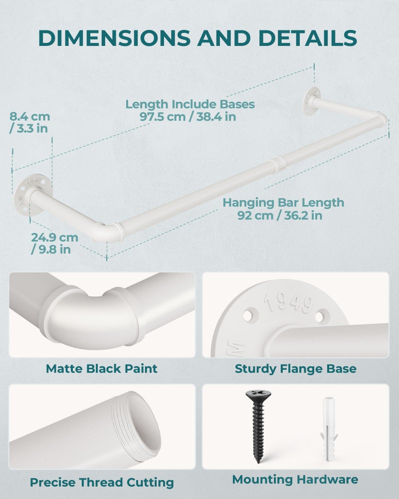 OROPY Industrial Pipe Clothes Rack Wall Mounted Set of 2, 38.4 inches Heavy Duty Iron Pipe Clothing Garment Rail, Multi-Purpose Clothing Hanging Rod for Laundry Room and Closet Storage, White - Image 4