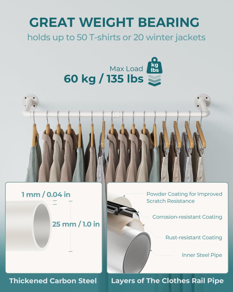 OROPY Industrial Pipe Clothes Rack Wall Mounted Set of 2, 38.4 inches Heavy Duty Iron Pipe Clothing Garment Rail, Multi-Purpose Clothing Hanging Rod for Laundry Room and Closet Storage, White - Image 3