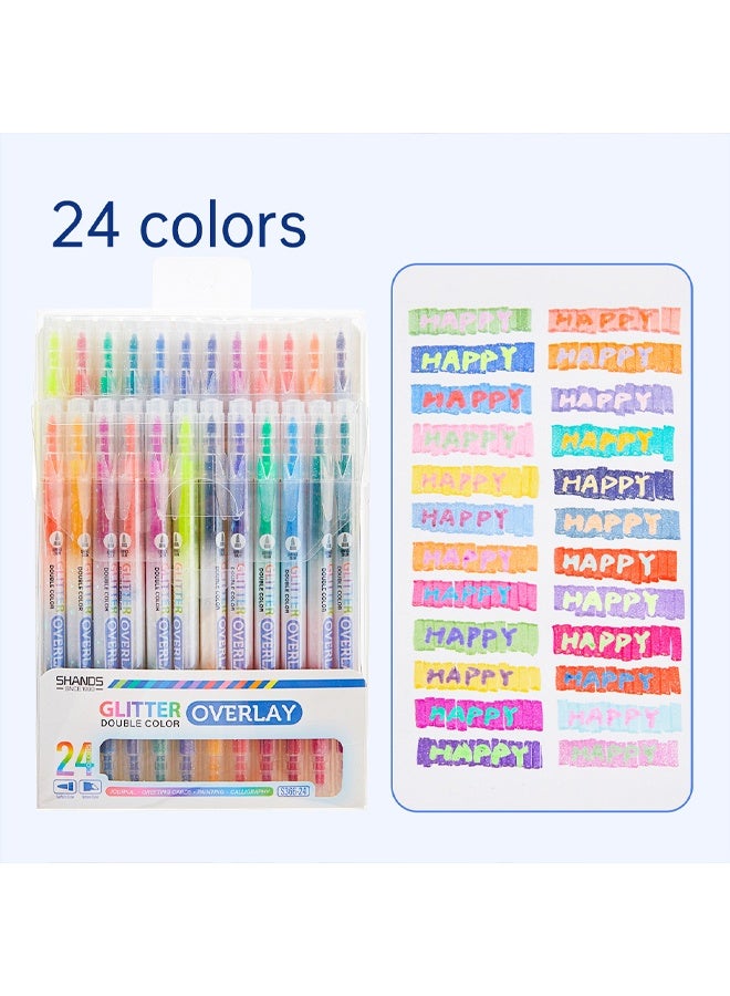 SHANDS 24pcs/set Magic Color-Changing Fluorescent Pen Set, Double-Tip Chisel Tip 24 Soft Colors Fluorescent Markers, Rainbow Pen Diary Cartoon DIY Note Painting, Art Supplies - Image 1