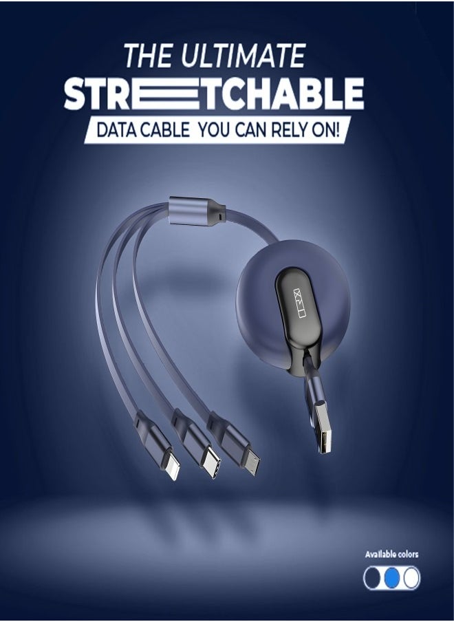 TRX TRAVELSTYLE Multi USB Charging Cable Retractable 3-in-1 Multi-USB Fast Charger Cable 4ft/1.2m, for Lightning, Micro-USB Type-C Compatible Phone, Tablet iPad Smartphone, Universal Use, Blue Colour