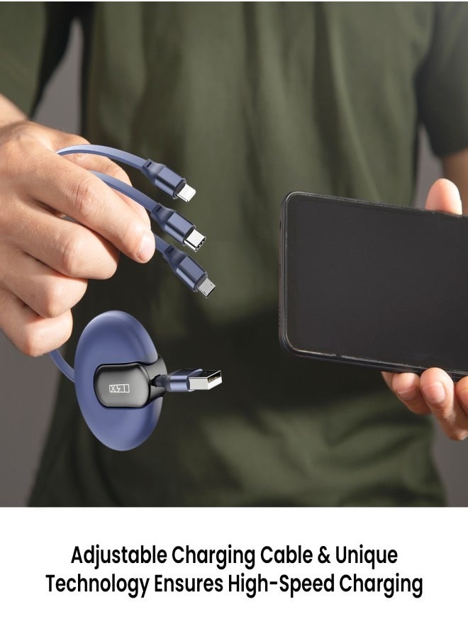 TRX TRAVELSTYLE Multi USB Charging Cable Retractable 3-in-1 Multi-USB Fast Charger Cable 4ft/1.2m, for Lightning, Micro-USB Type-C Compatible Phone, Tablet iPad Smartphone, Universal Use, Blue Colour