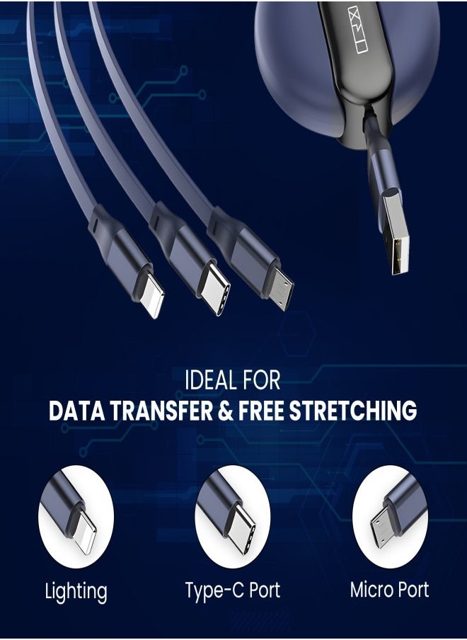 TRX TRAVELSTYLE Multi USB Charging Cable Retractable 3-in-1 Multi-USB Fast Charger Cable 4ft/1.2m, for Lightning, Micro-USB Type-C Compatible Phone, Tablet iPad Smartphone, Universal Use, Blue Colour