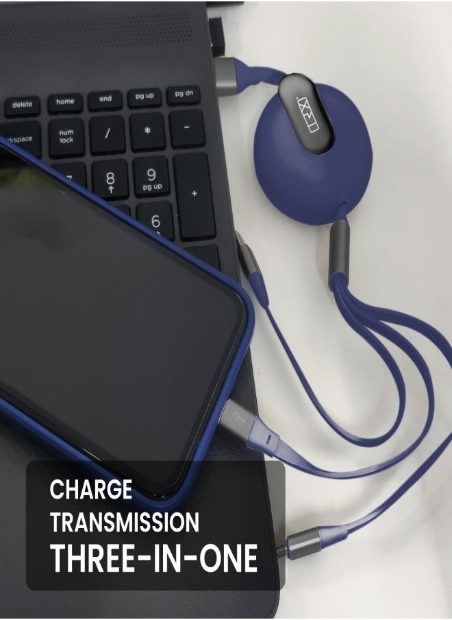 TRX TRAVELSTYLE Multi USB Charging Cable Retractable 3-in-1 Multi-USB Fast Charger Cable 4ft/1.2m, for Lightning, Micro-USB Type-C Compatible Phone, Tablet iPad Smartphone, Universal Use, Blue Colour