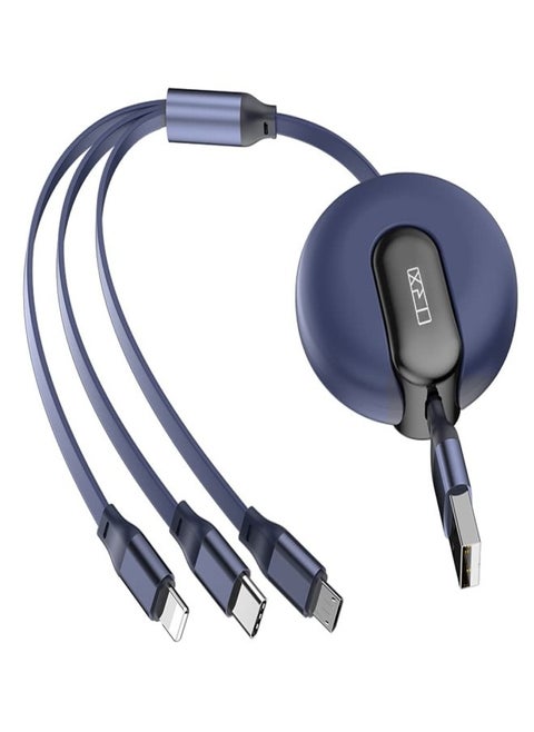 TRX TRAVELSTYLE Multi USB Charging Cable Retractable 3-in-1 Multi-USB Fast Charger Cable 4ft/1.2m, for Lightning, Micro-USB Type-C Compatible Phone, Tablet iPad Smartphone, Universal Use, Blue Colour