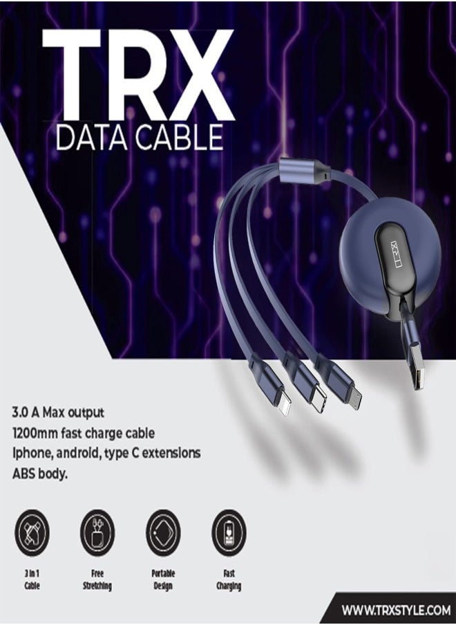 TRX TRAVELSTYLE Multi USB Charging Cable Retractable 3-in-1 Multi-USB Fast Charger Cable 4ft/1.2m, for Lightning, Micro-USB Type-C Compatible Phone, Tablet iPad Smartphone, Universal Use, Blue Colour