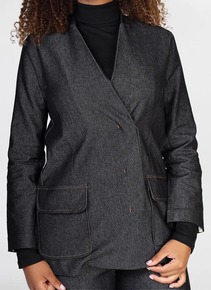 Jimmy Le Bond 2 PC Jeans Suit -of blazer featuring flap pockets and paired with wide-leg trouser and Belt