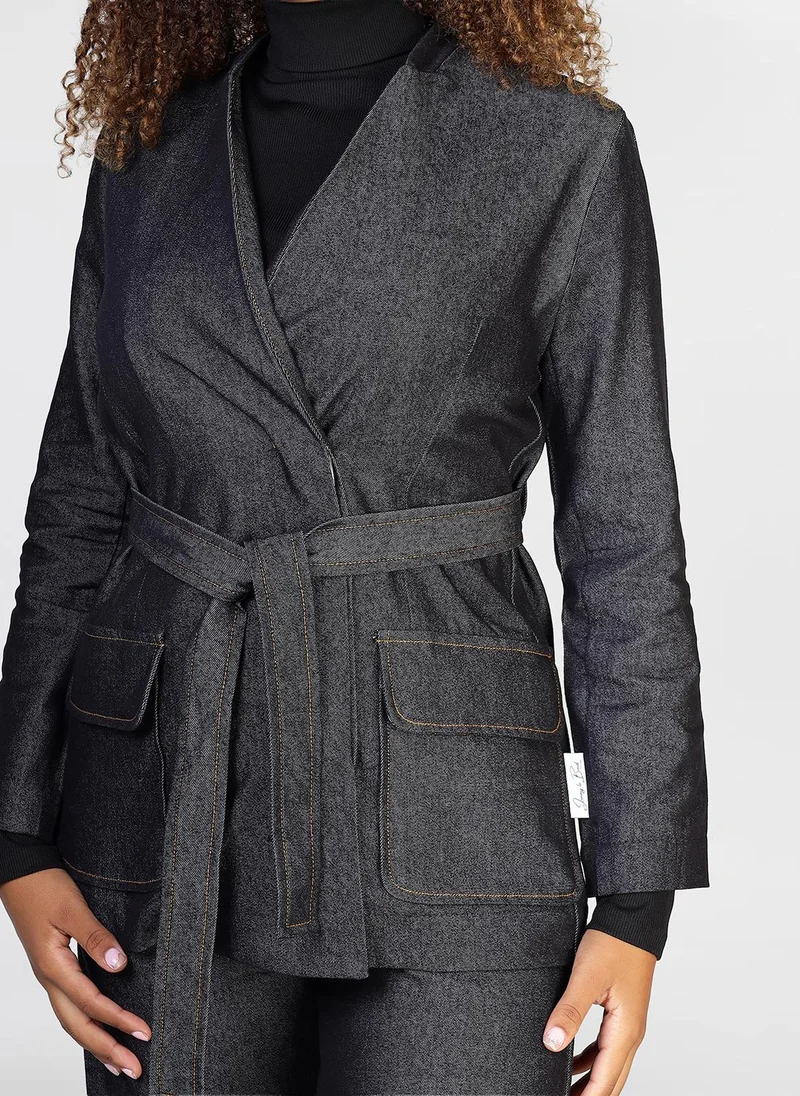 Jimmy Le Bond 2 PC Jeans Suit -of blazer featuring flap pockets and paired with wide-leg trouser and Belt