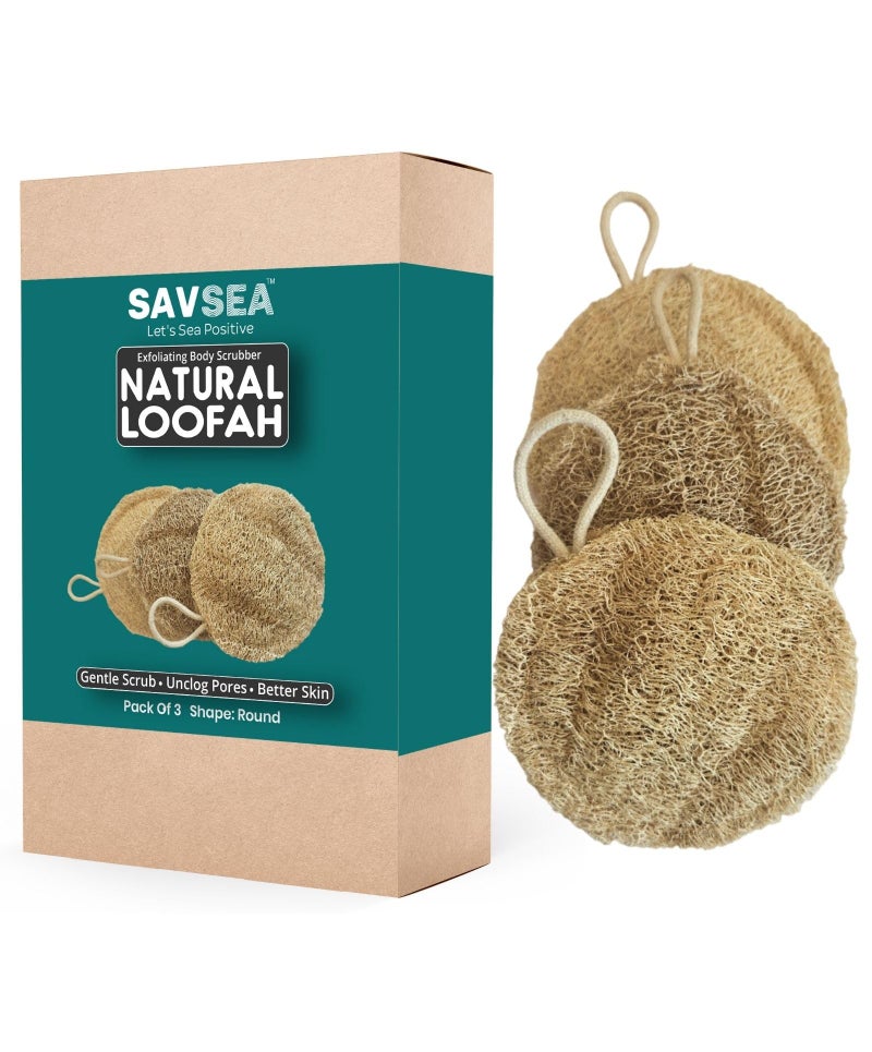 SAVSEA Natural Loofah for Bathing: Unisex Loofah for Women and Men, Also Perfect for Kids | Round Shaped Natural Loofah | Pack of 3 - Image 1