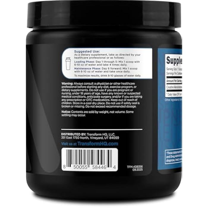 TransformHQ Creatine Monohydrate Powder (60 Servings) Unflavored - 5000mg Per Serving - Image 3