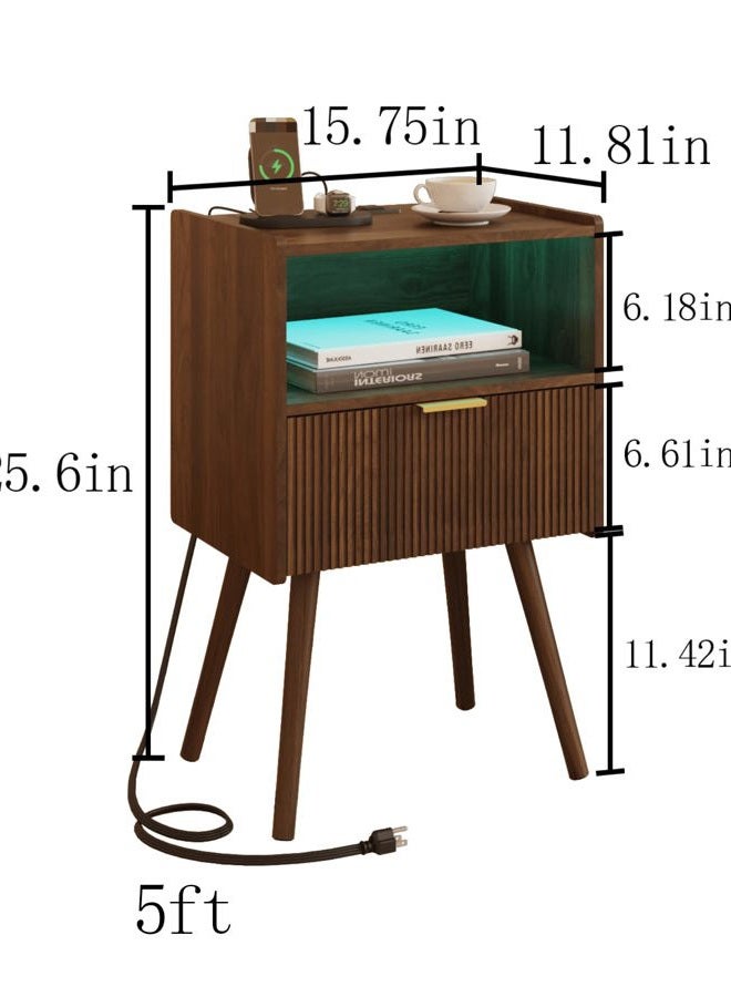Leomonio Nightstand with Charging Station and LED Lights (Walnut Brown) - Image 2