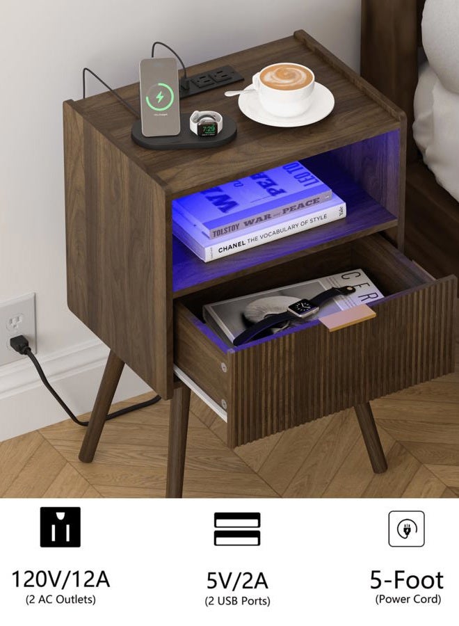 Leomonio Nightstand with Charging Station and LED Lights (Walnut Brown) - Image 4