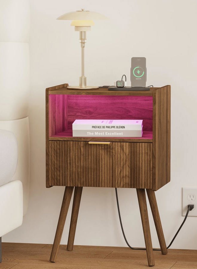 Leomonio Nightstand with Charging Station and LED Lights (Walnut Brown) - Image 1