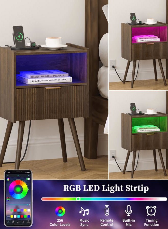 Leomonio Nightstand with Charging Station and LED Lights (Walnut Brown) - Image 5