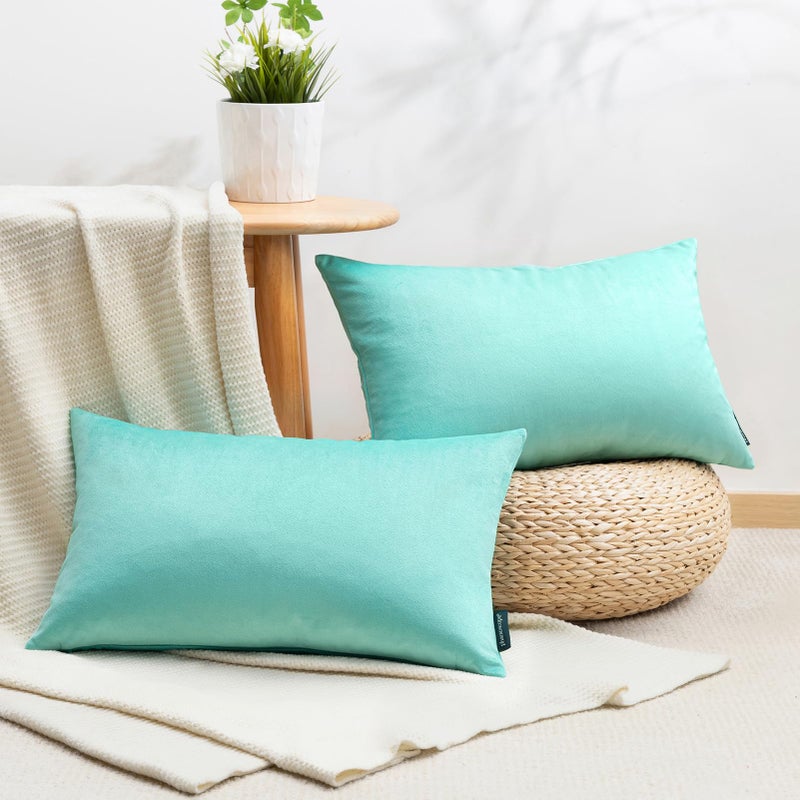Phantoscope Pack of 2 Velvet Decorative Throw Decorative Pillow Cover Soft Solid Square Cushion Case for Couch Light Turquoise 12 x 20 inches 30 x 50 cm - Image 1