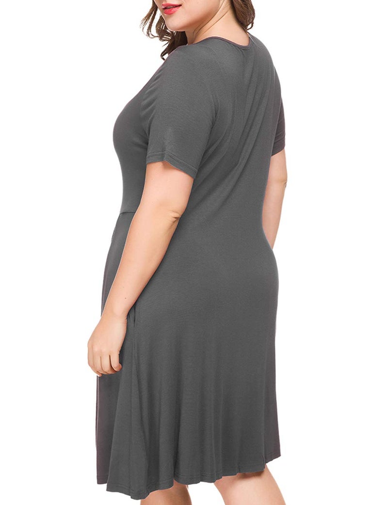 Tralilbee Women's Plus Size Comfy Short Sleeve Scoop Neck Swing Dresses with Pockets Gray XL - Image 5