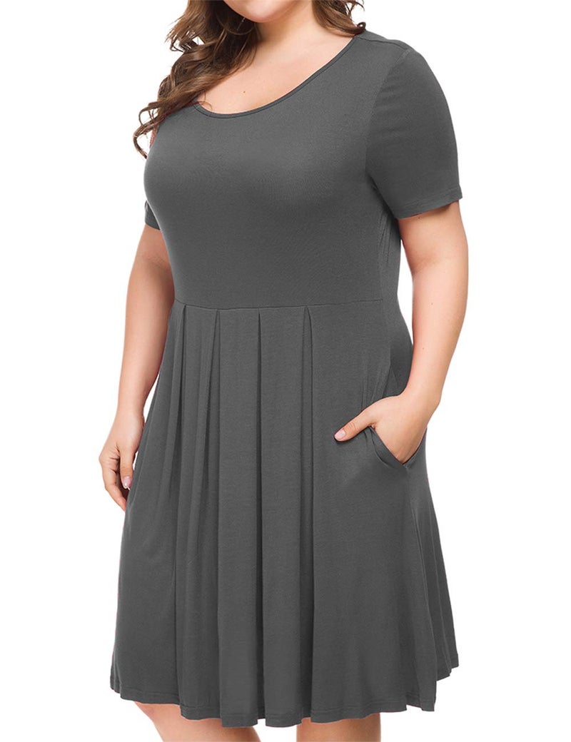 Tralilbee Women's Plus Size Comfy Short Sleeve Scoop Neck Swing Dresses with Pockets Gray XL - Image 4