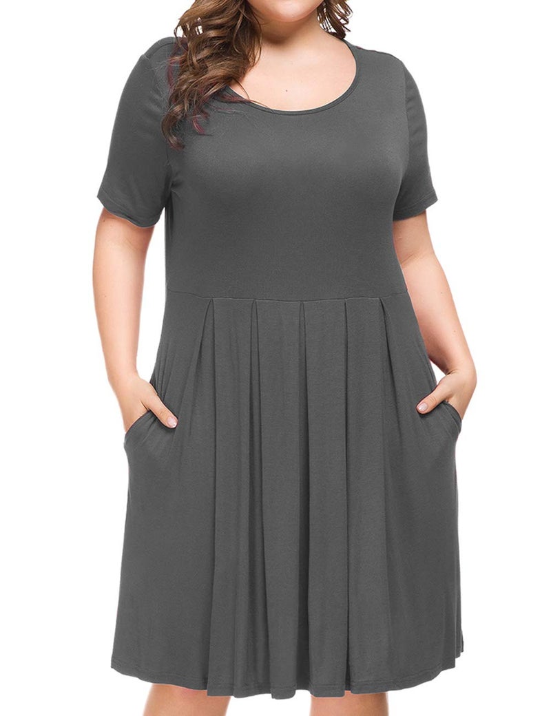 Tralilbee Women's Plus Size Comfy Short Sleeve Scoop Neck Swing Dresses with Pockets Gray XL - Image 2