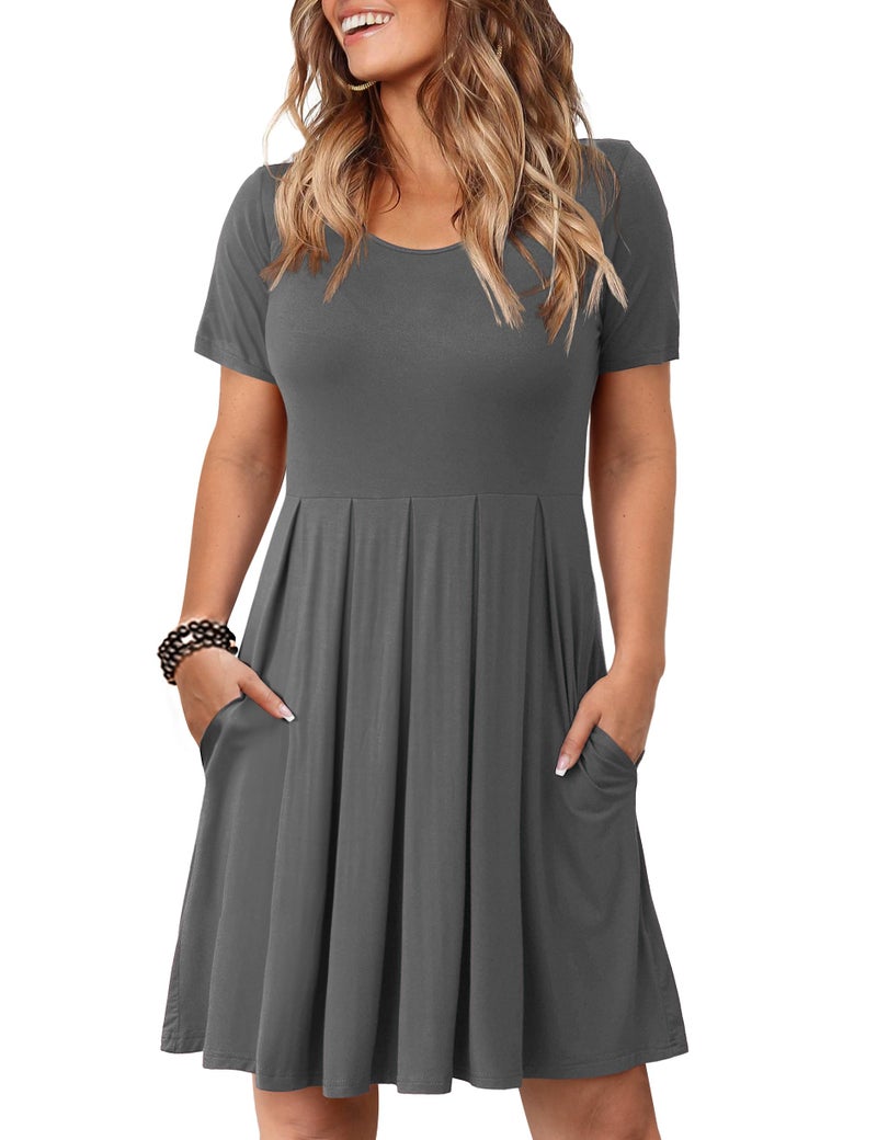Tralilbee Women's Plus Size Comfy Short Sleeve Scoop Neck Swing Dresses with Pockets Gray XL - Image 1