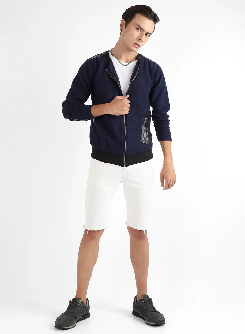 Campus Sutra Men's Navy Blue Zip-Front Jacket With Ribbed Hem