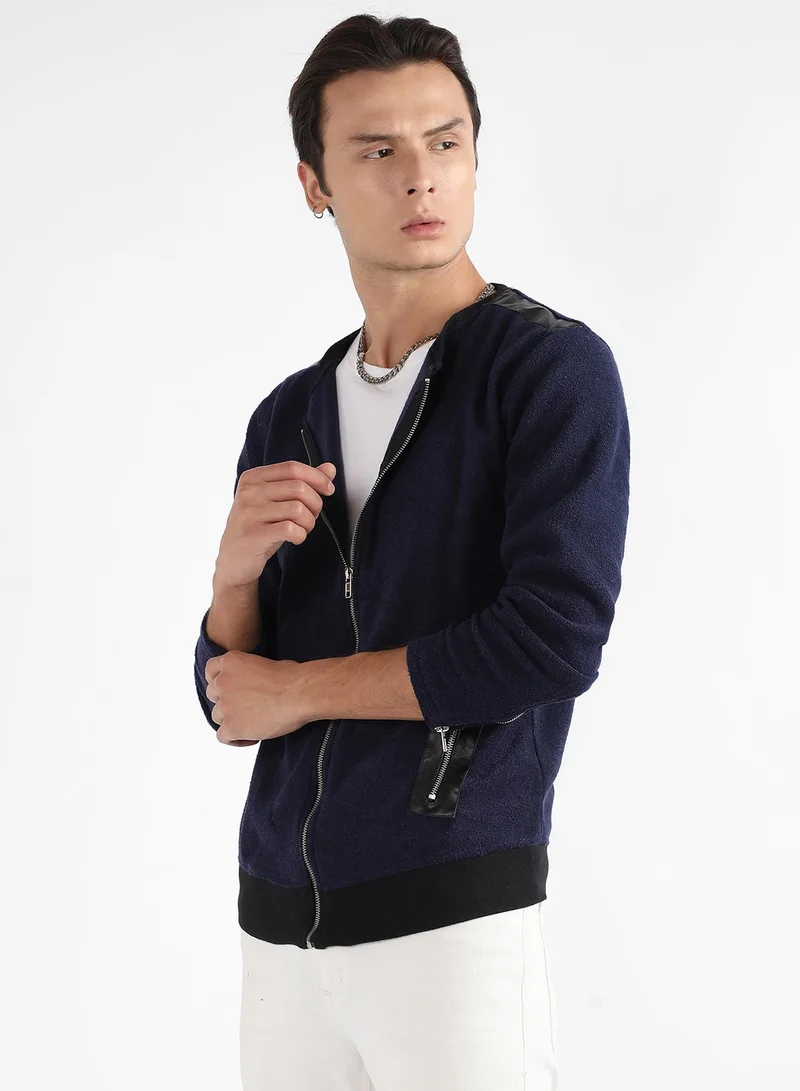 Campus Sutra Men's Navy Blue Zip-Front Jacket With Ribbed Hem
