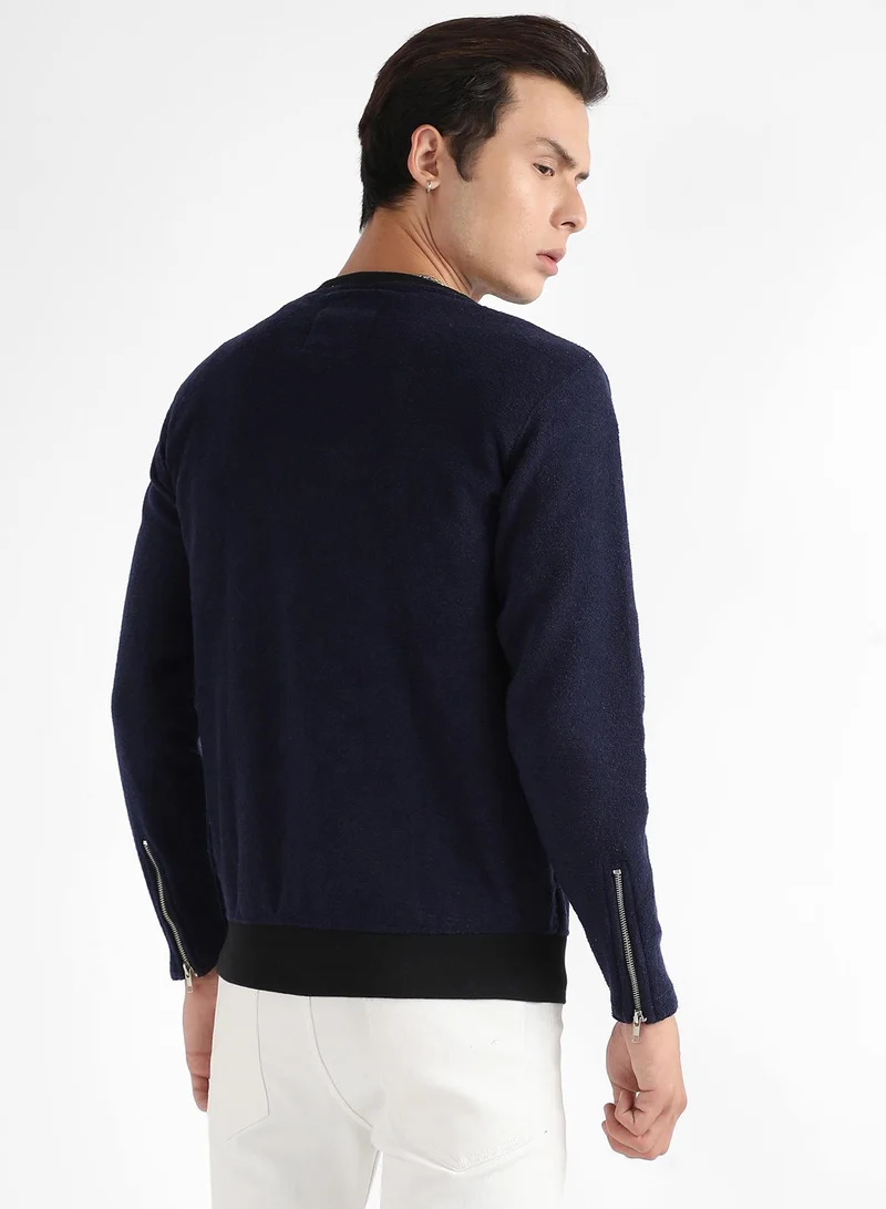 Campus Sutra Men's Navy Blue Zip-Front Jacket With Ribbed Hem