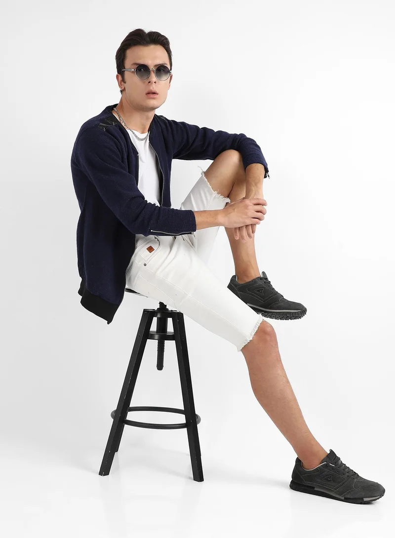 Campus Sutra Men's Navy Blue Zip-Front Jacket With Ribbed Hem