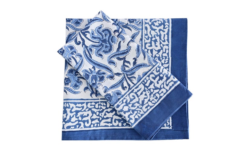 ATOSII Midnight Bloom Blue 100 Cotton Cloth Napkins Hand Block Floral Print Designer Table Linen Perfect for Dinners Weddings Cocktails Parties I 20 X 20 Inches I Set of 4 I - Image 1