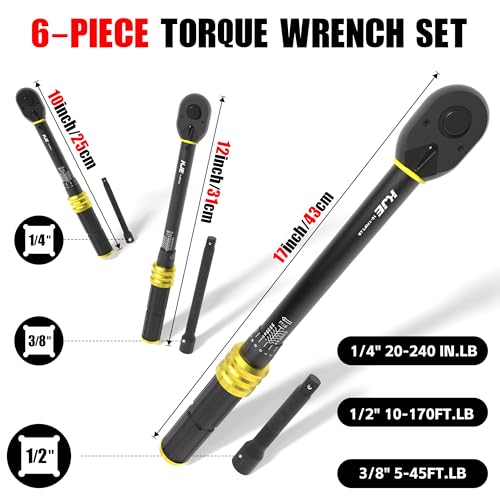 KJE 3PCS Torque Wrench Set, 1/4 & 3/8 & 1/2-Inch Drive 72-Tooth Adjustable Click Torque Wrenches, Maximum 170 ft.lb, Dual-Scales/Direction, ±3% Accuracy, For Bike, Motorcycle, Car, Lug nut, Automotive - Image 3