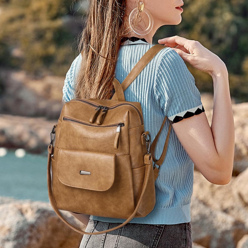 WYFJNX PU Leather Backpack Purse for Women Fashion Multipurpose Design Handbag Ladies Shoulder Bags Travel Backpack Camel - Image 5