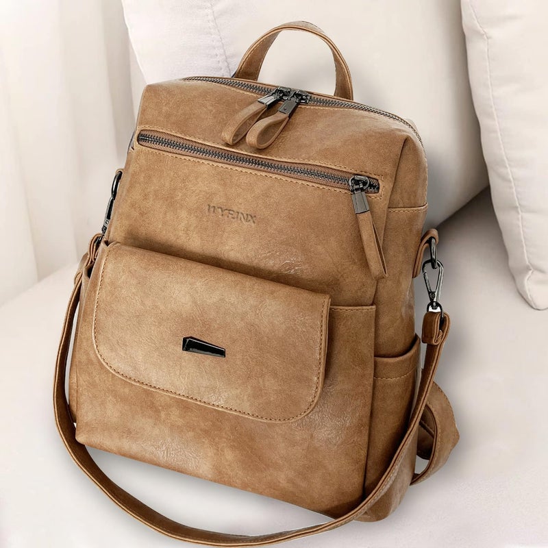 WYFJNX PU Leather Backpack Purse for Women Fashion Multipurpose Design Handbag Ladies Shoulder Bags Travel Backpack Camel - Image 4